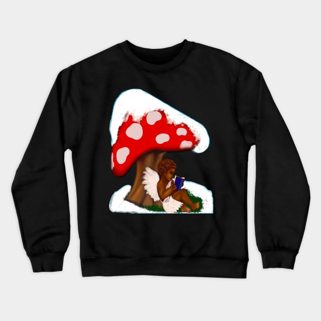 Snow covered mushroom Little angel boy cherub reading a book - tranquil winter scenery Crewneck Sweatshirt by Artonmytee